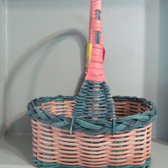 Vintage NWT 80s Dudley's Basket ~ Rattan Woven Wicker w/ Handle ~ Green & Pink - Picture 1 of 14